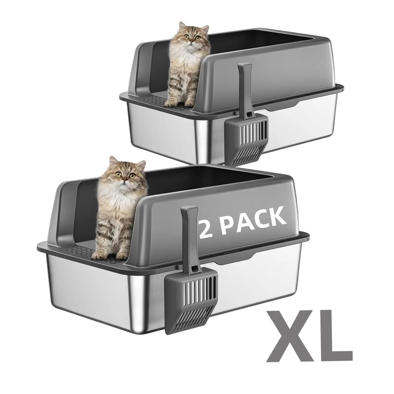 Premium Stainless Steel Litter Box with Lid (2-Pack) – High-Sided Non-Sticky Metal Litter Tray for Cats