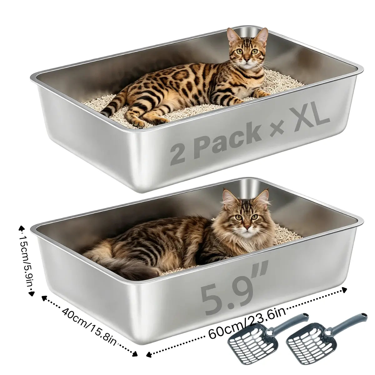 Premium Stainless Steel Litter Box (2-Pack) – High-Sided Non-Stick Metal Cat Litter Pan (17.5" x 13.5" x 4")