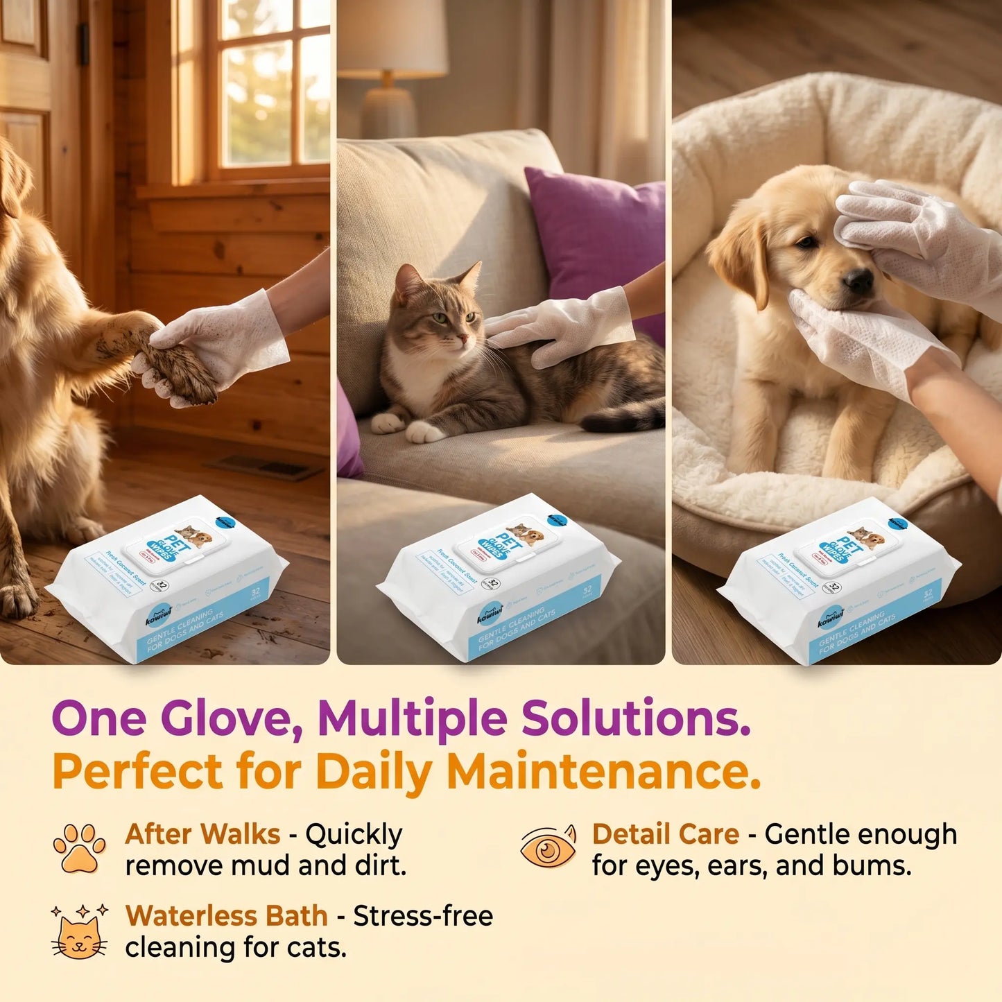 Kawiwi 32-Pack Pet Grooming Glove Wipes – Hypoallergenic No-Rinse Deodorizing Cleaning Wipes for Dogs & Cats, Coconut Scented