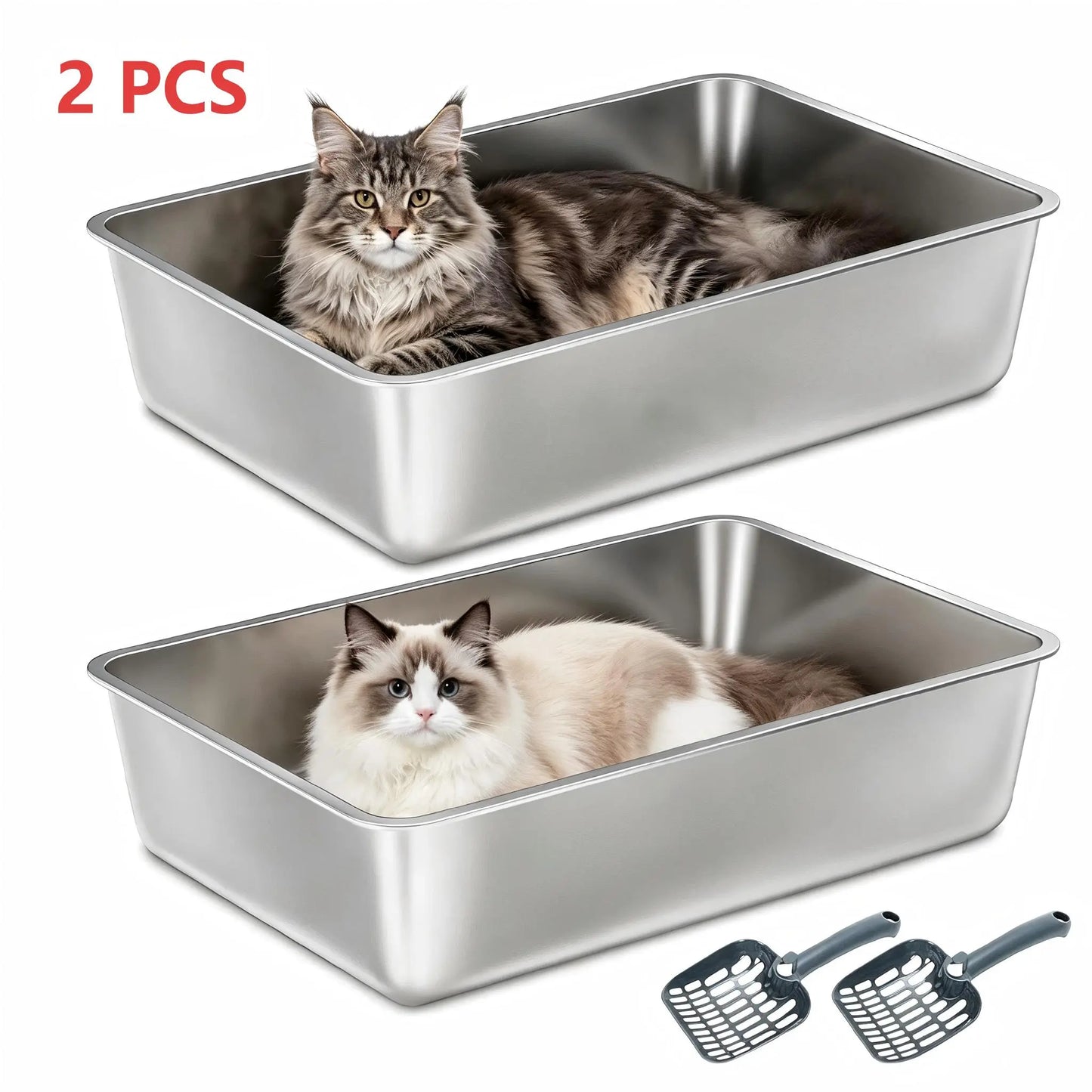Premium Stainless Steel Litter Box (2-Pack) – High-Sided Non-Stick Metal Cat Litter Pan (17.5" x 13.5" x 4")