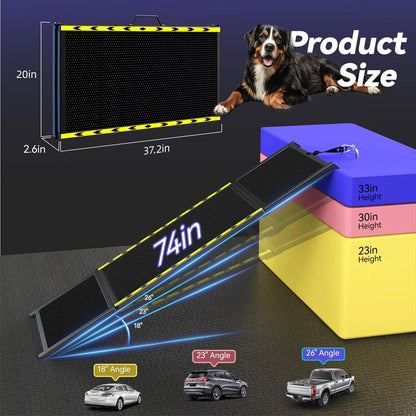 74" Long Portable Dog Ramp – Lightweight, Heavy-Duty Folding Pet Ramp with Non-Slip Safety Mesh for Large Dogs, SUVs & Trucks