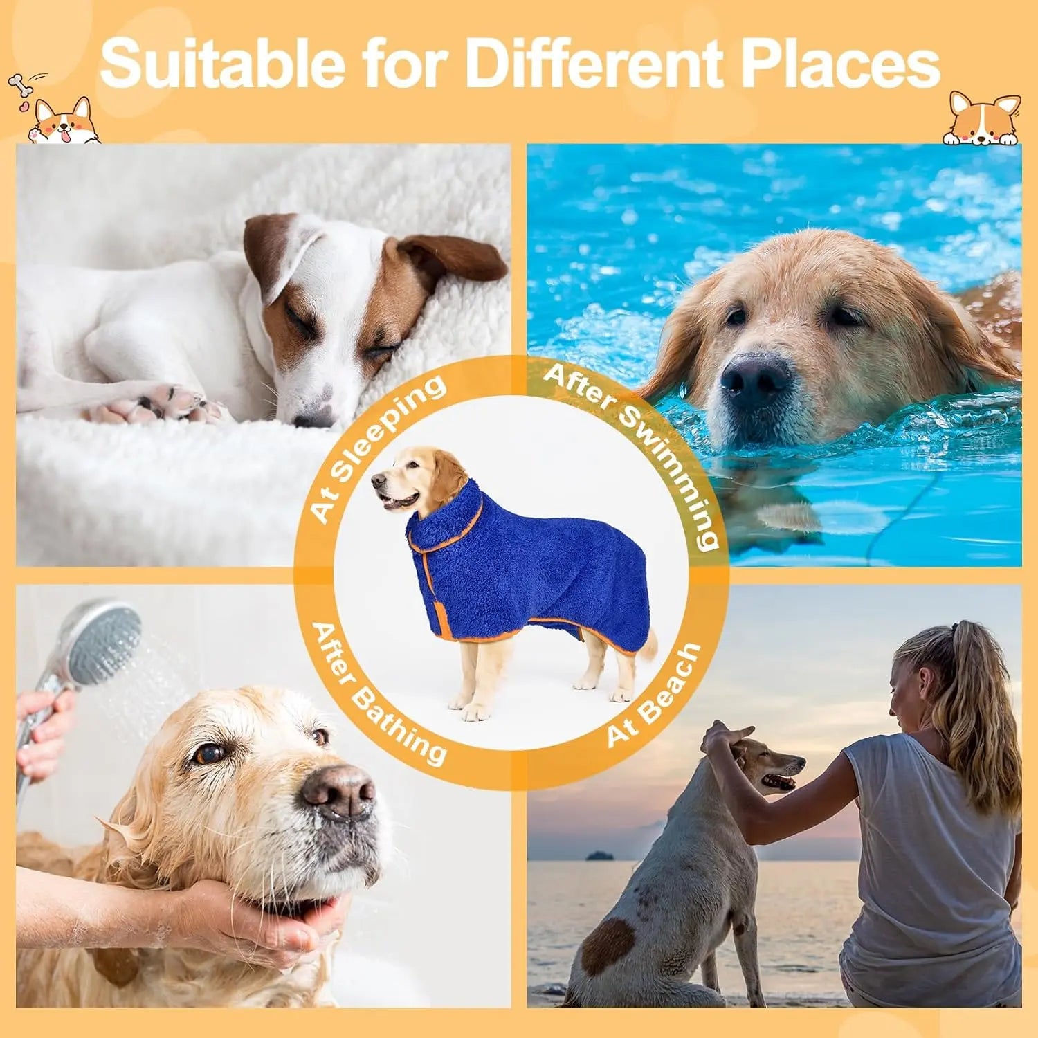Bienbee Quick-Drying Dog Bathrobe – Super Absorbent Microfiber Pet Drying Towel Robe with Adjustable Velcro Straps and Warm Hood