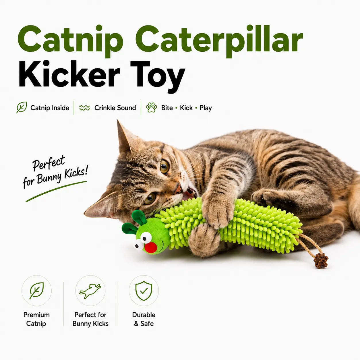 3-in-1 Caterpillar Cat Plush Toy – Premium Catnip, Silvervine & Crinkle Sound Interactive Boredom Relief Pillow