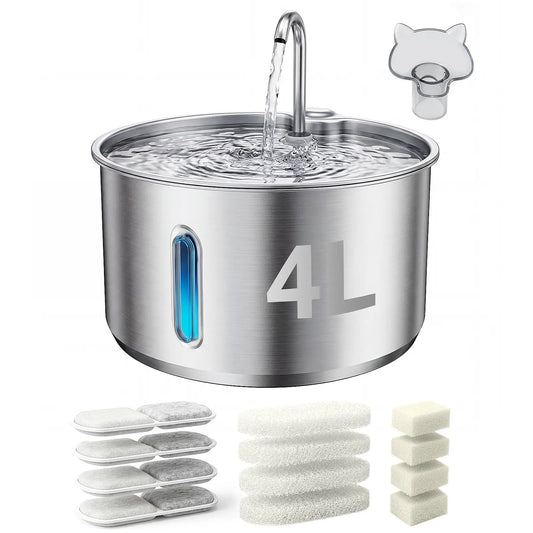 4L Stainless Steel Cat Fountain – Whisper-Quiet Automatic Pet Waterer with Multi-Stage Filtration System (Includes 4 Filters)s & Sponges