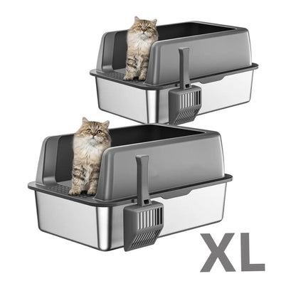 Premium Stainless Steel Litter Box with Lid (2-Pack) – High-Sided Non-Sticky Metal Litter Tray for Cats