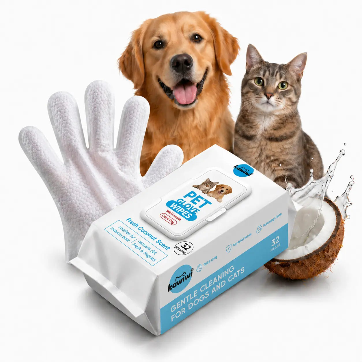Kawiwi 32-Pack Pet Grooming Glove Wipes – Hypoallergenic No-Rinse Deodorizing Cleaning Wipes for Dogs & Cats, Coconut Scented