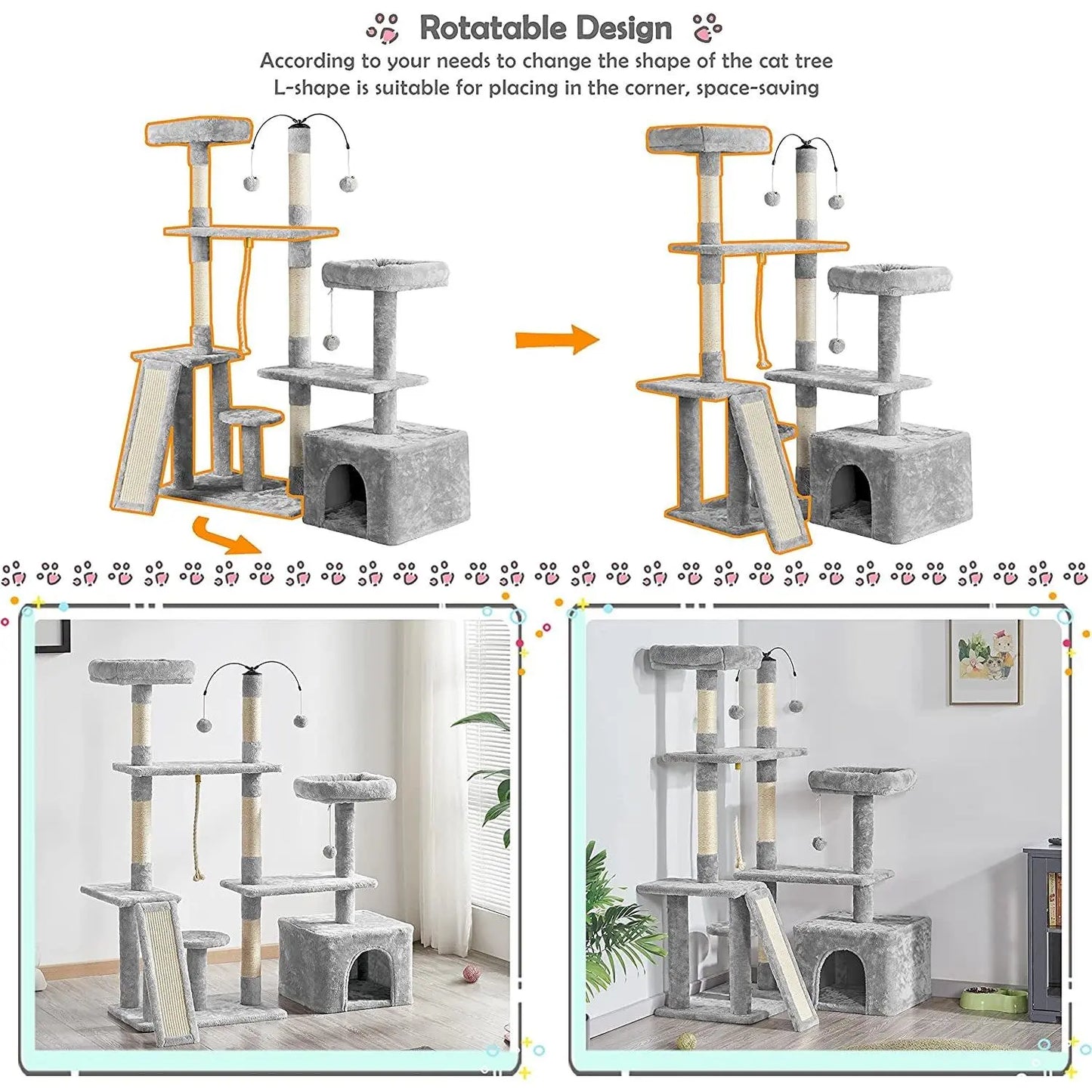 Multi-Level Cat Tree & Play Center – Light Gray Luxury Cat Tower with Condo & Scratching Posts