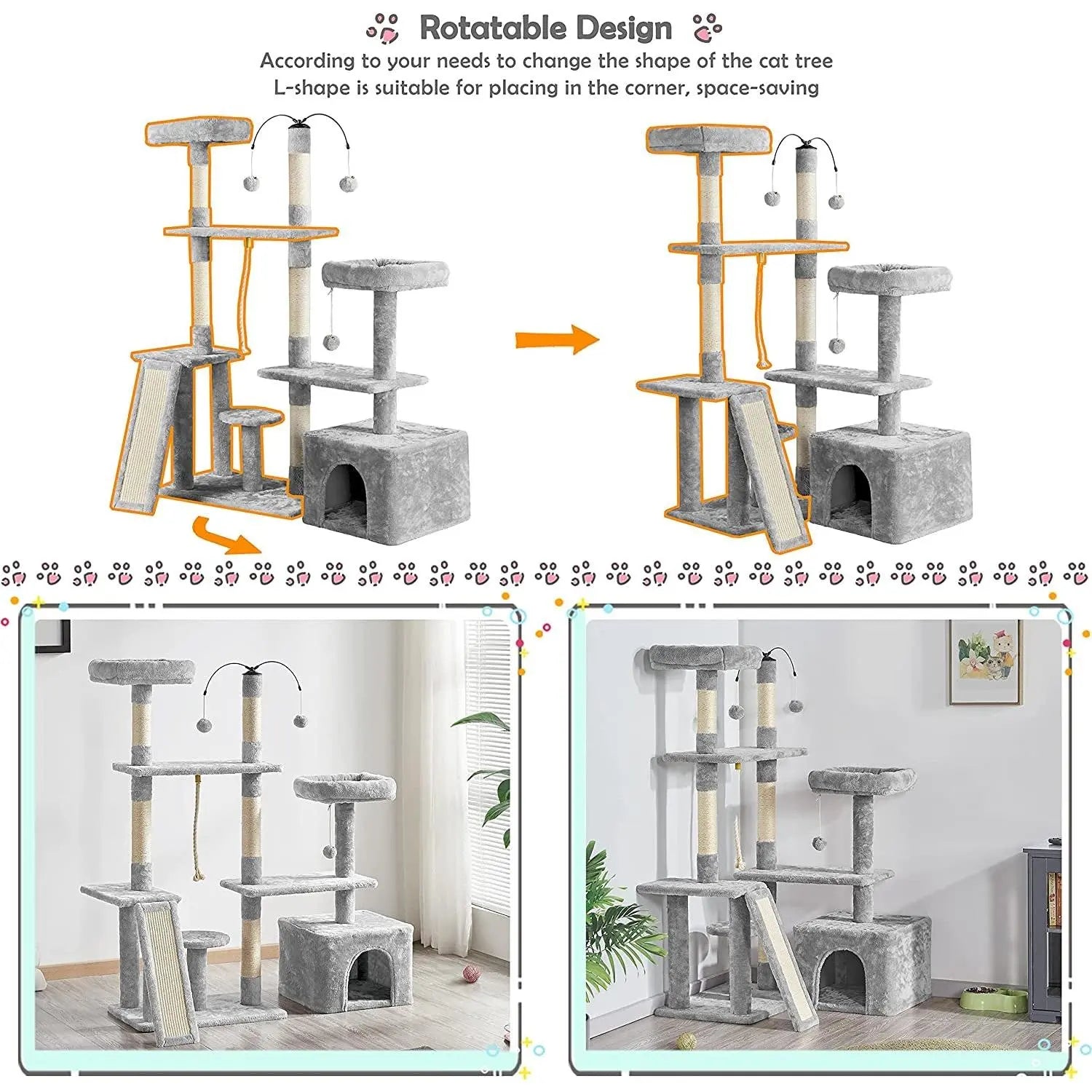 Multi-Level Cat Tree & Play Center – Light Gray Luxury Cat Tower with Condo & Scratching Posts