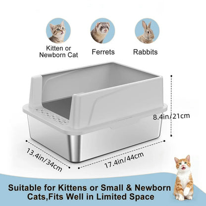 Premium Stainless Steel Litter Box with Lid (2-Pack) – High-Sided Non-Sticky Metal Litter Tray for Cats