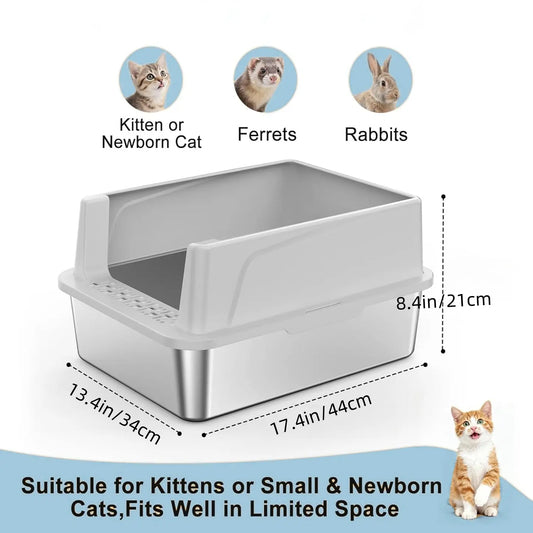 Premium Stainless Steel Litter Box with Lid (2-Pack) – High-Sided Non-Sticky Metal Litter Tray for Cats