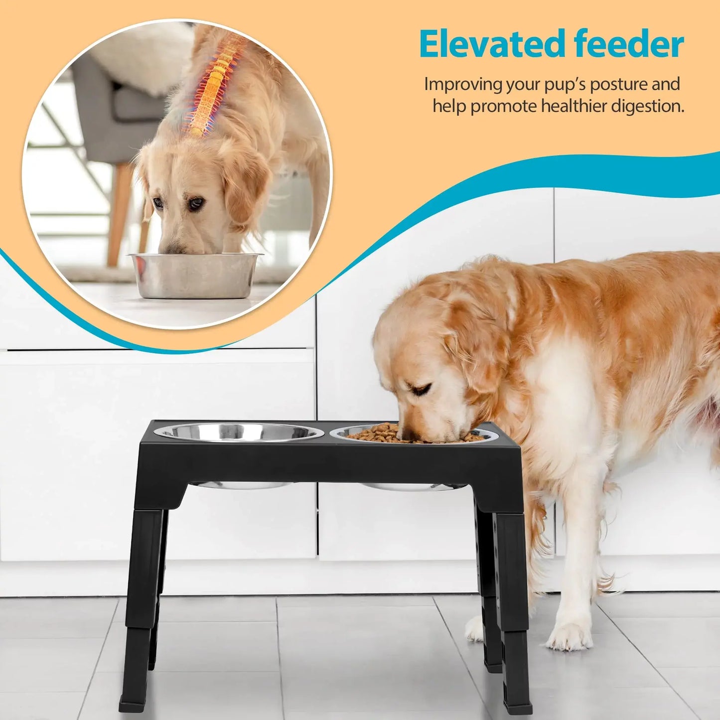 Ergonomic Raised Dog Bowl Stand – Adjustable Multi-Height Station with 2 Stainless Steel Dishes