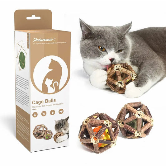Natural Silvervine Stick Cage Balls (3-Pack) – Interactive Cat Chew Toys with Built-In Bell for Teeth Cleaning