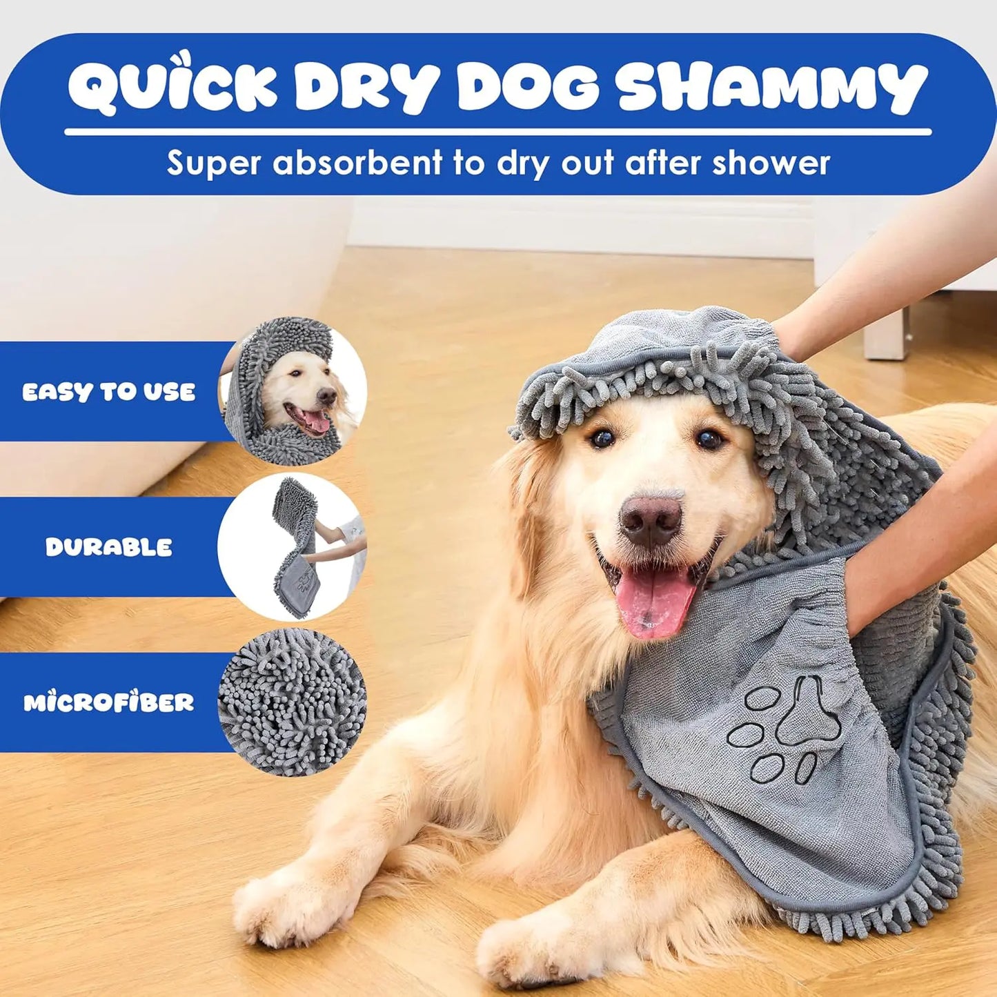 Microfiber Quick-Dry Absorbent Dog Towel with Hand Pockets - Machine Washable for Medium to Large Dogs (30" x 13")