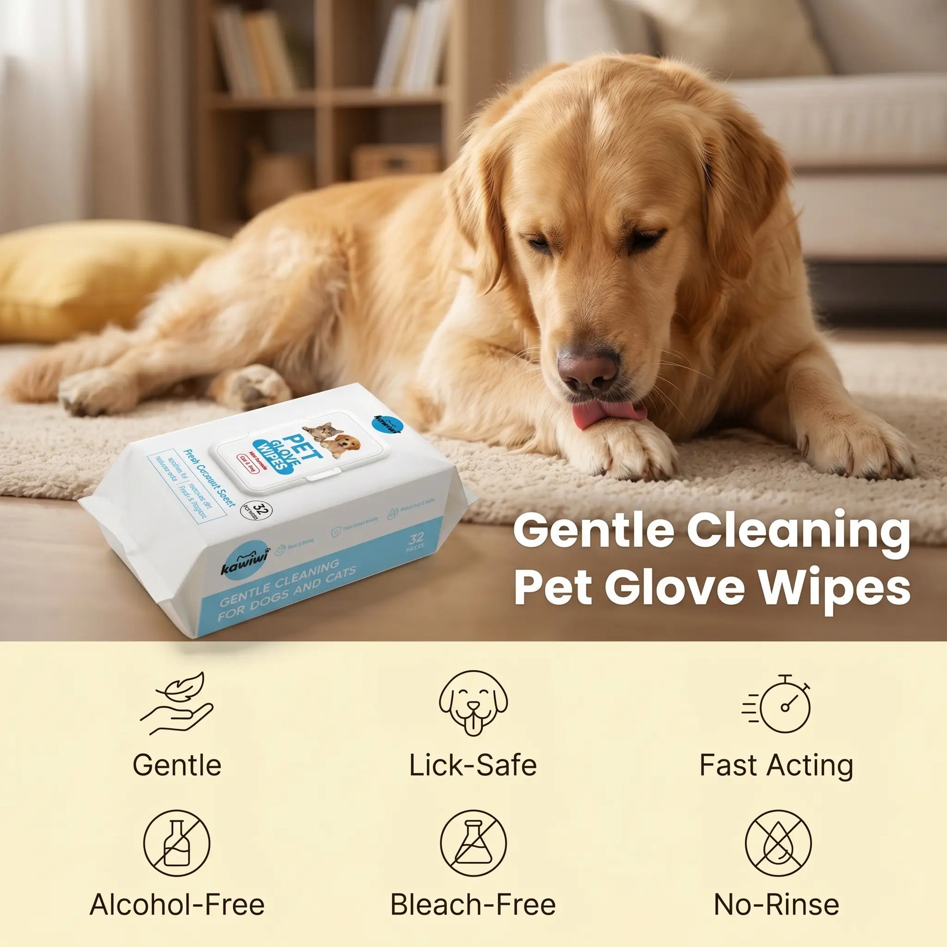 Kawiwi 32-Pack Pet Grooming Glove Wipes – Hypoallergenic No-Rinse Deodorizing Cleaning Wipes for Dogs & Cats, Coconut Scented