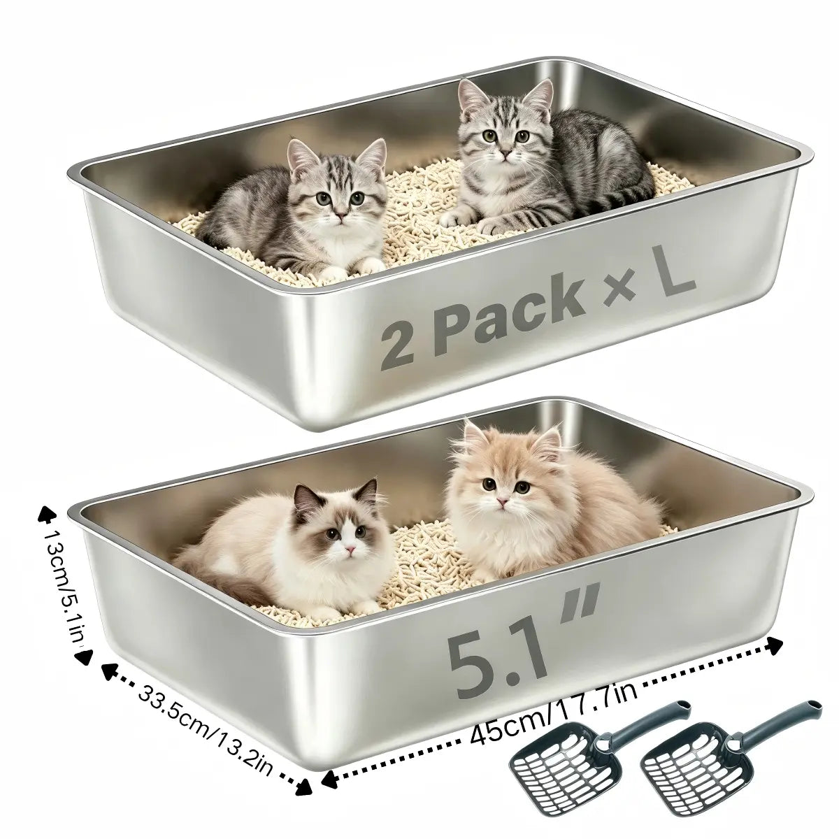 Premium Stainless Steel Litter Box (2-Pack) – High-Sided Non-Stick Metal Cat Litter Pan (17.5" x 13.5" x 4")