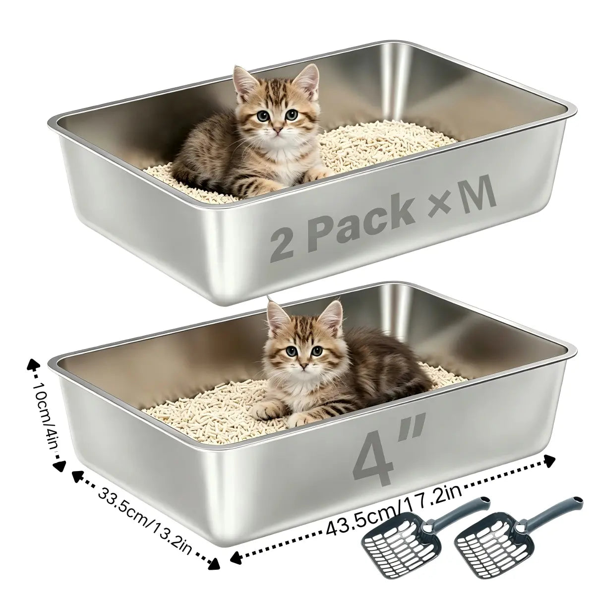 Premium Stainless Steel Litter Box (2-Pack) – High-Sided Non-Stick Metal Cat Litter Pan (17.5" x 13.5" x 4")