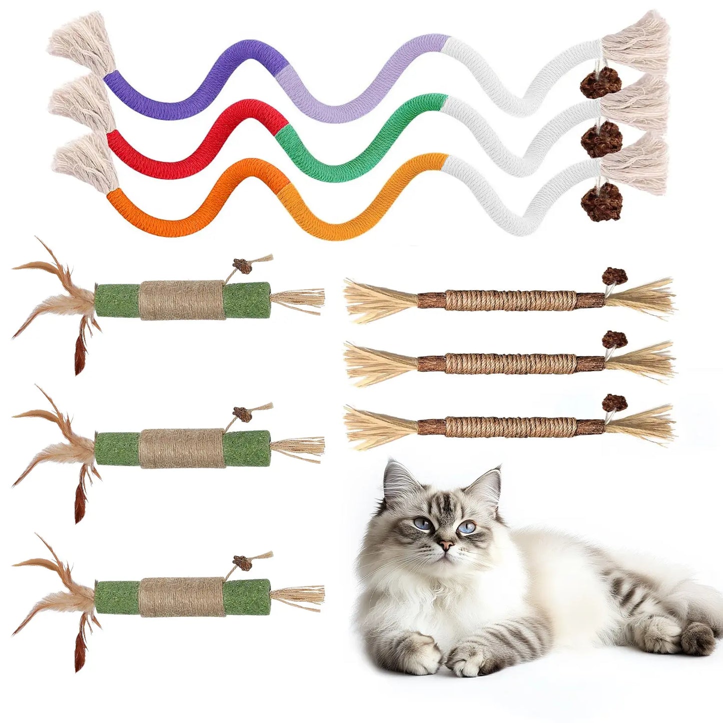 Cat Chew Ropes (9-Piece Set) – Interactive Dental Cleaning Toys with Refillable Natural Catnip