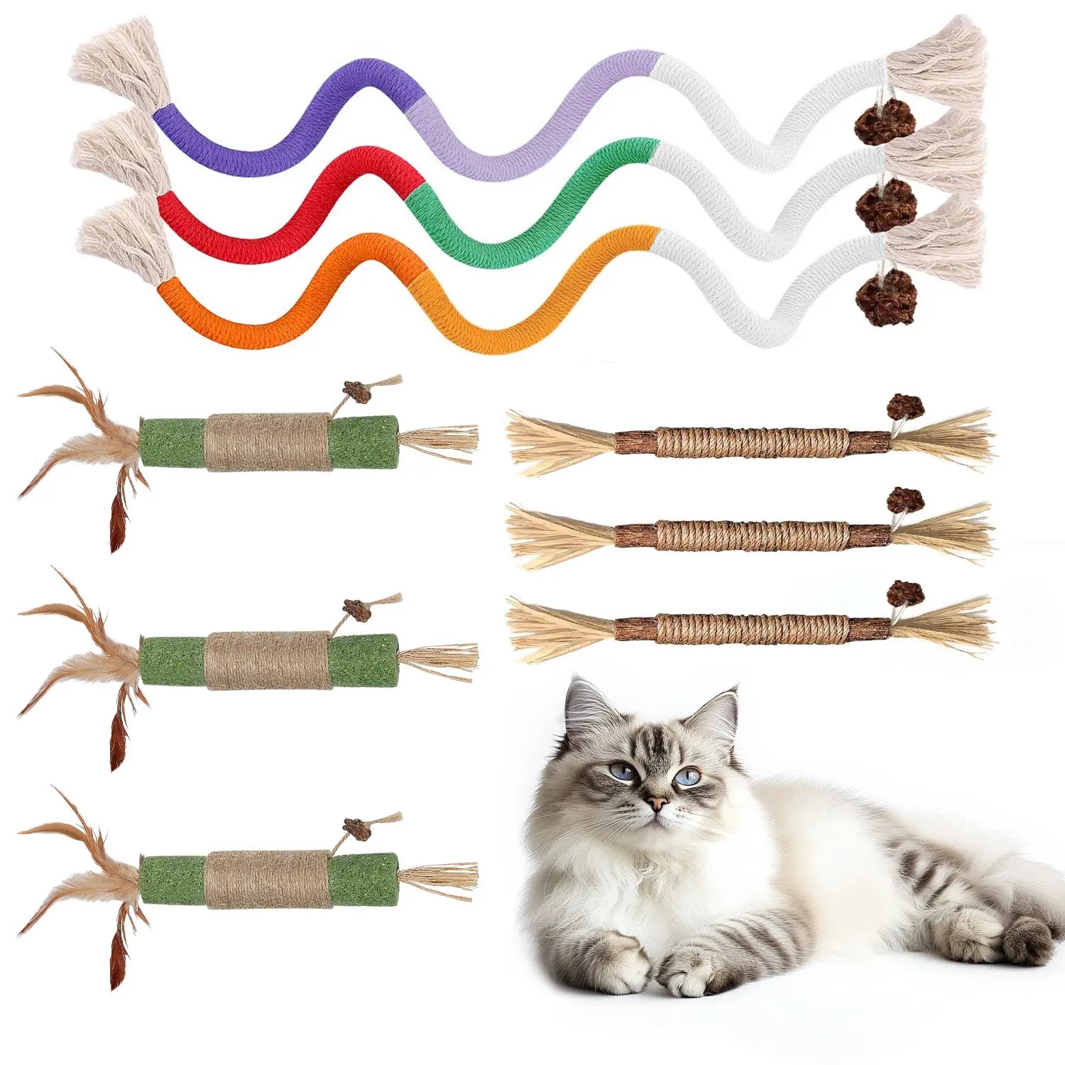 Cat Chew Ropes (9-Piece Set) – Interactive Dental Cleaning Toys with Refillable Natural Catnip