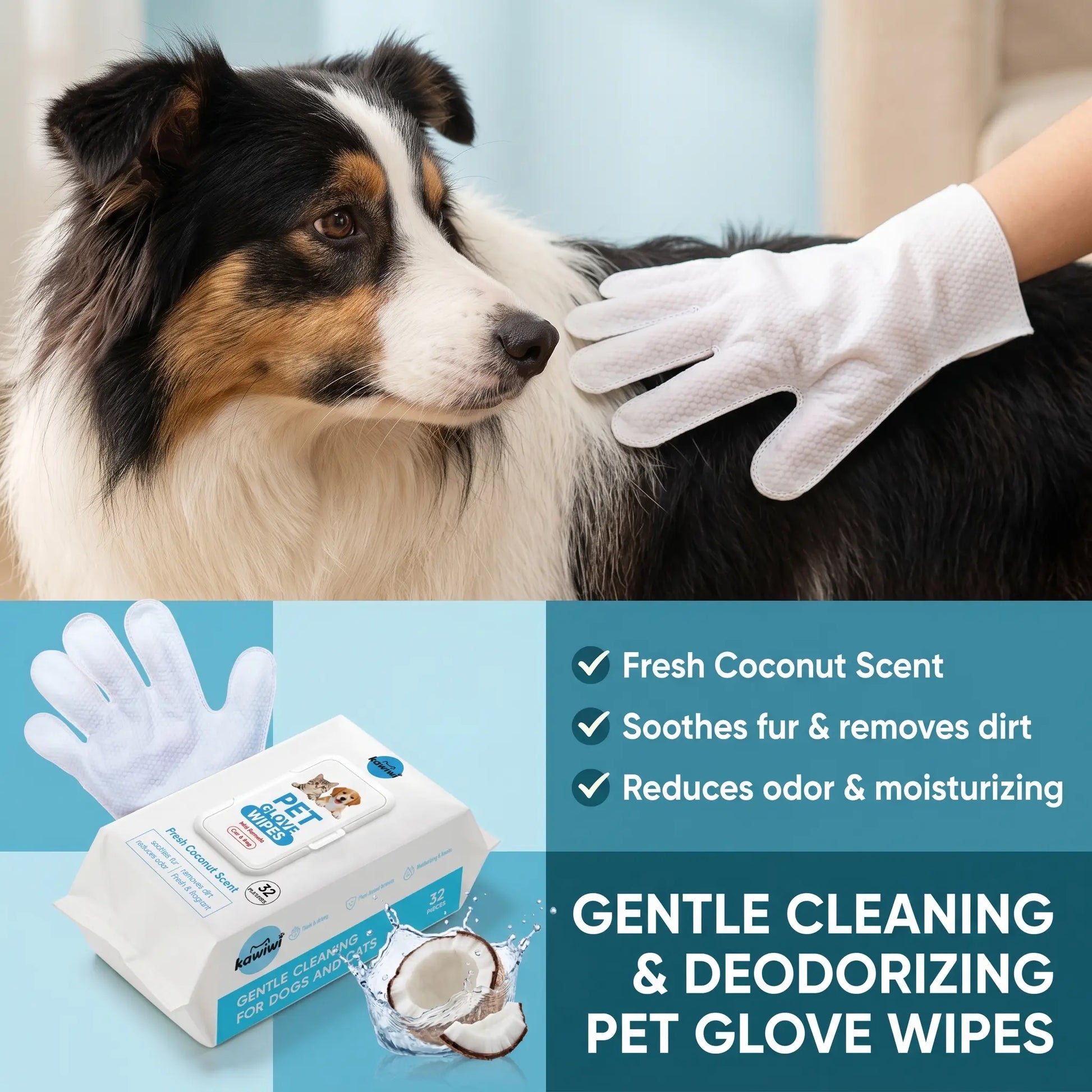 Kawiwi 32-Pack Pet Grooming Glove Wipes – Hypoallergenic No-Rinse Deodorizing Cleaning Wipes for Dogs & Cats, Coconut Scented