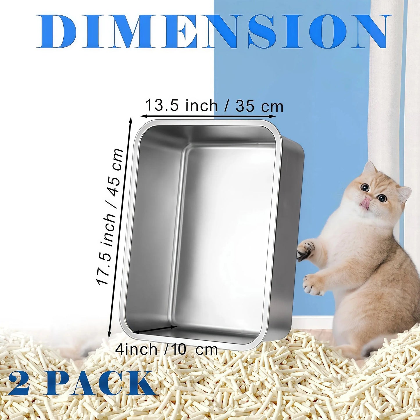 Premium Stainless Steel Litter Box (2-Pack) – High-Sided Non-Stick Metal Cat Litter Pan (17.5" x 13.5" x 4")