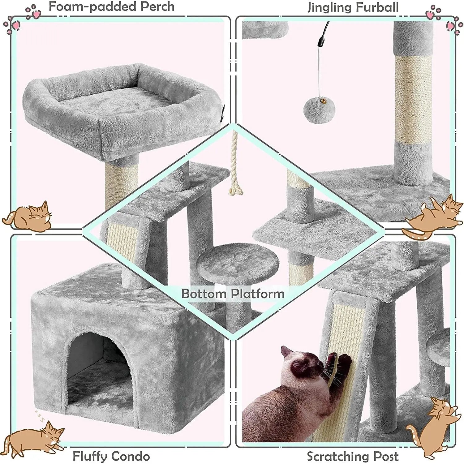 Multi-Level Cat Tree & Play Center – Light Gray Luxury Cat Tower with Condo & Scratching Posts